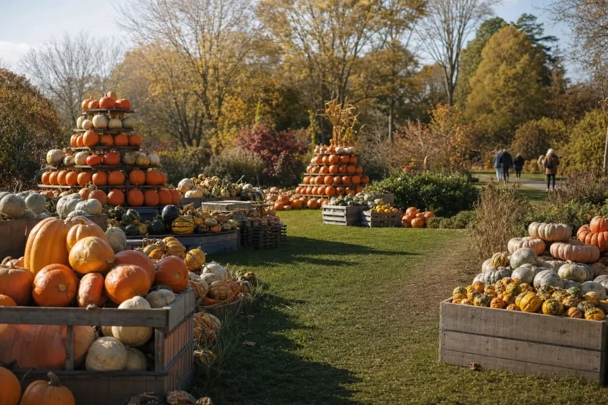 AI illustration: a wide view of a garden park lawn with a large display of orange pumpkins, striped squash and gourds stacked in tiered piles and wooden crates along a mown path, with a few blurred trees in muted autumn colour behind