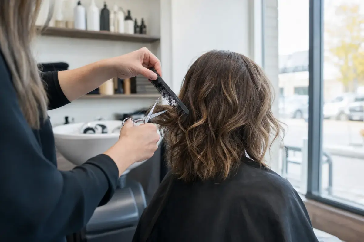 AI illustration: close-up of a hairdresser's hands holding a pair of scissors and a comb over a plain black cape draped on a seated client, seen from behind with no face visible, in a small boutique salon with a shampoo basin and a shelf of unlabelled bottles blurred behind