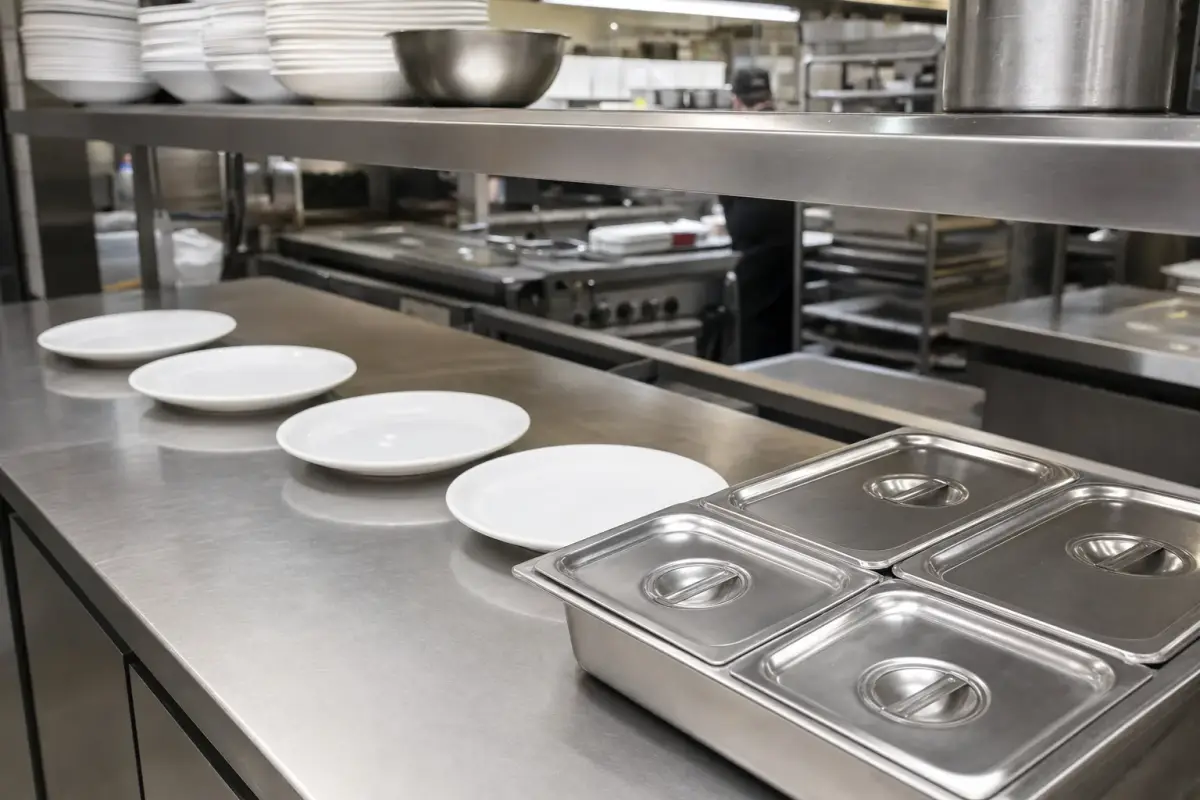 AI illustration: close-up of a clean stainless steel kitchen pass in a restaurant kitchen, with a row of plain white plates and a few neatly arranged covered steel food pans on a prep counter, and a metal shelf of plain containers blurred behind