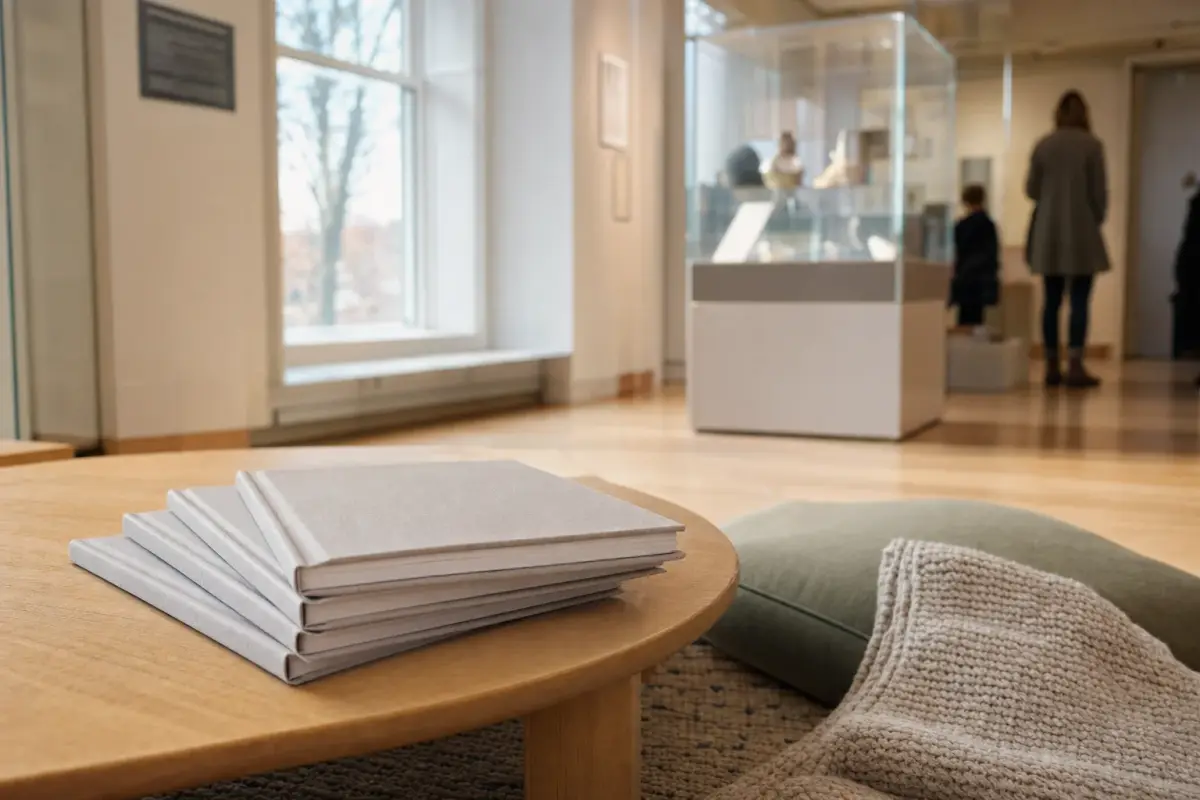 AI illustration: close-up of a small stack of identical plain-covered children's picture books fanned on a low wooden table beside a child-sized cushion and a folded knit blanket on a rug, with a bright museum gallery room with a tall window and a glass display case blurred behind