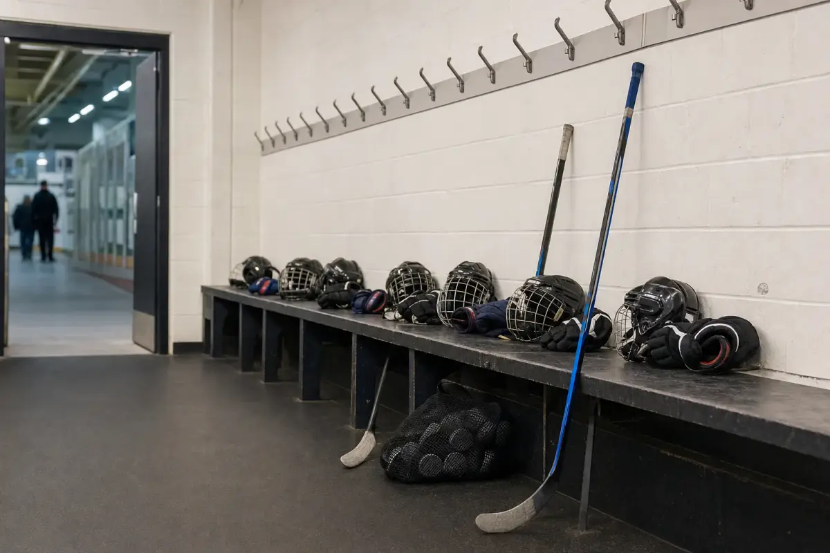 AI illustration: close-up of a youth hockey team's dressing room bench after a game, with a row of small hockey helmets, gloves and a couple of plain sticks resting beneath empty coat hooks, and a mesh bag of pucks on the rubber floor