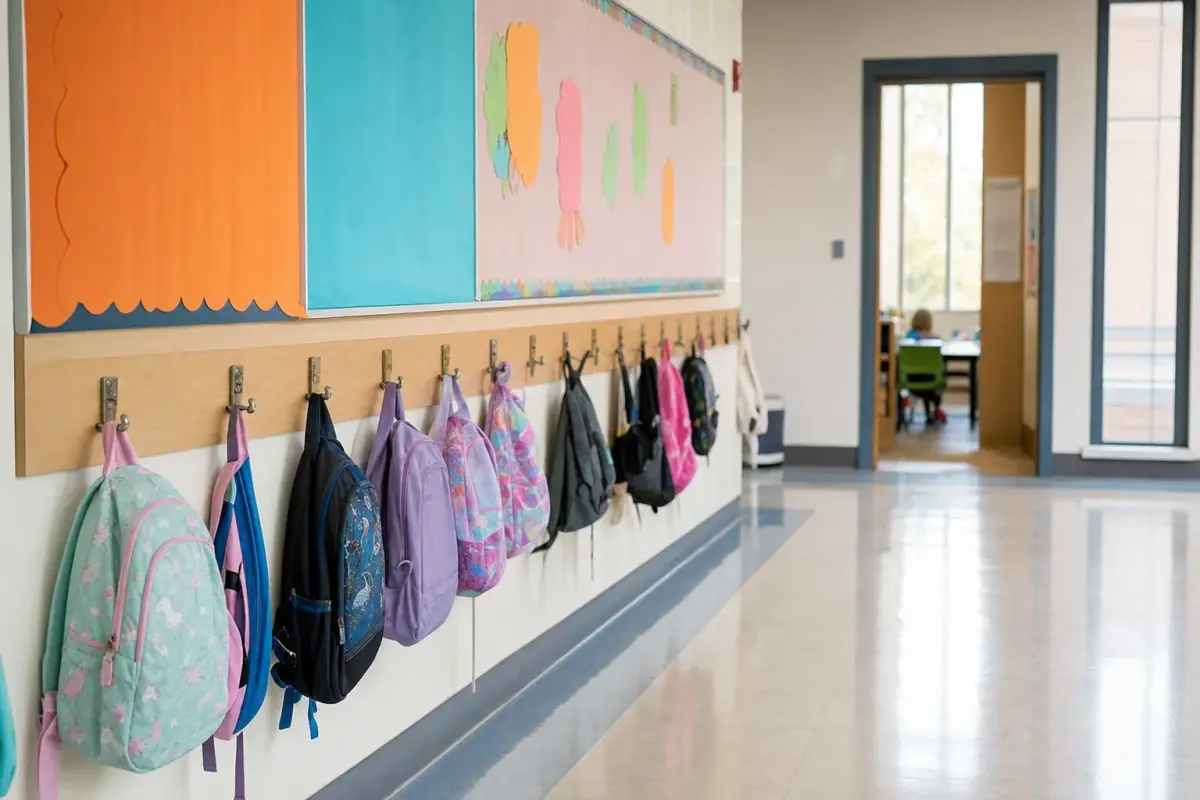 AI illustration: a school hallway in a French-language public school, with a row of plain coat hooks and small children's backpacks beneath a bulletin board of blank colourful paper cutouts, and a tidy classroom doorway and tall window blurred at the far end