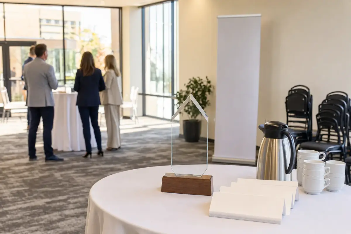 AI illustration: interior of a bright, modern small-business networking event space in the late morning, with a round table holding a plain glass award trophy on a wooden base, a neat stack of blank name tent cards and a coffee carafe with cups, and a few blurred stacked chairs and a pull-up banner with no text behind