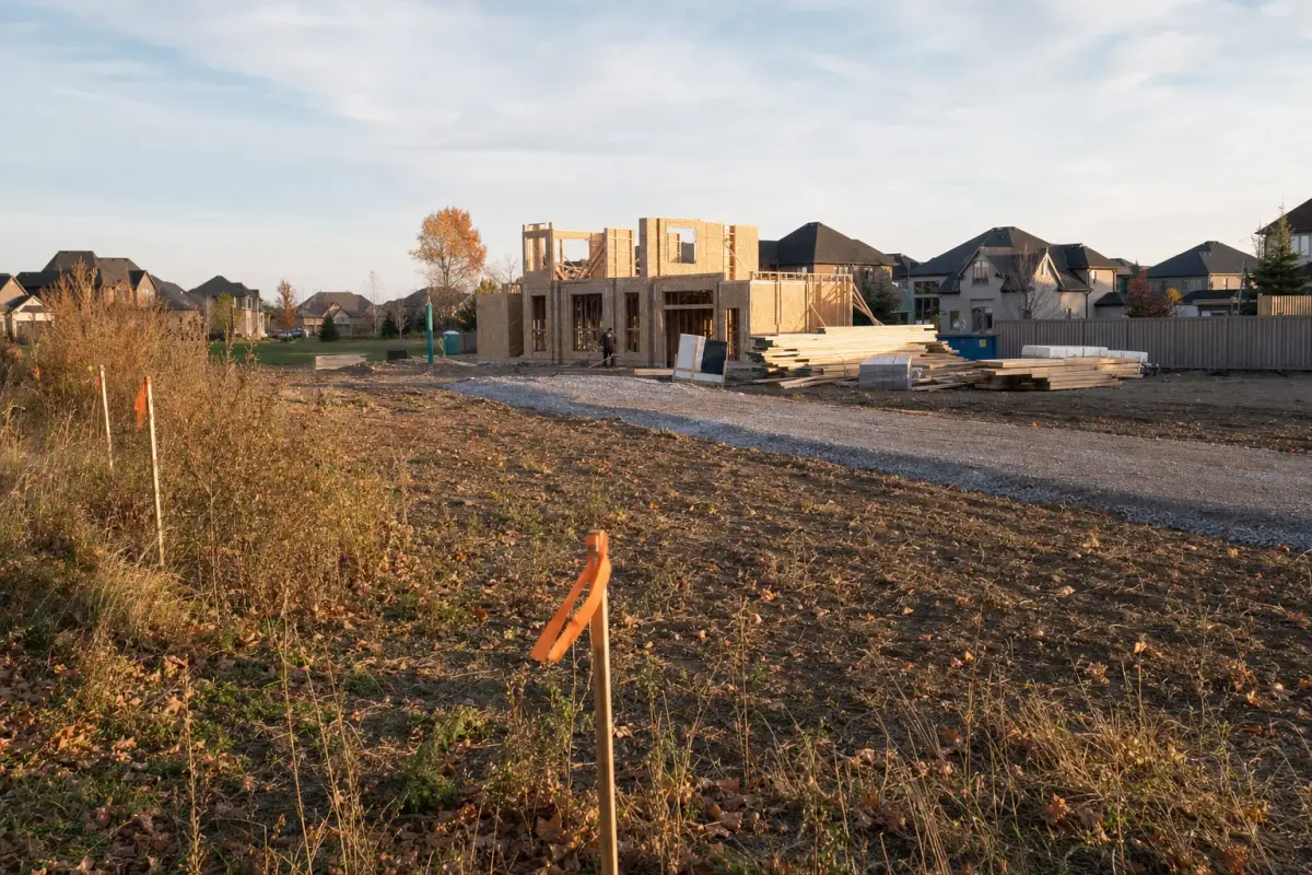 AI illustration: a newly cleared residential building lot at the edge of a suburban neighbourhood, with fresh survey stakes topped with plain unmarked orange ribbons, a gravel access track, a stack of wooden framing lumber and a half-built house frame in the middle distance