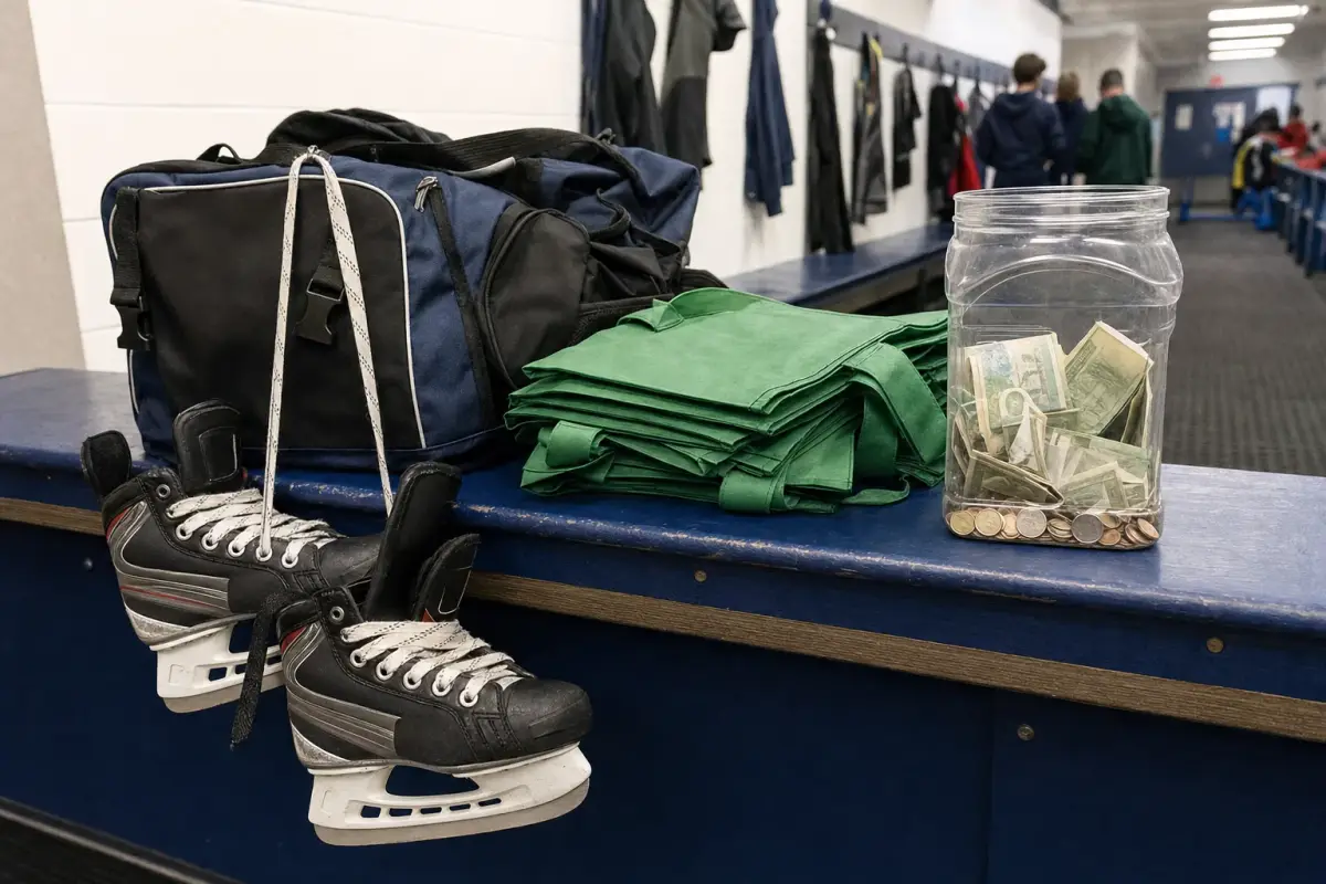 AI illustration: close-up of a hockey team's dressing-room bench with a pair of youth ice hockey skates hanging by their laces, a small gear bag, a stack of plain empty reusable grocery totes and a cash-box-free clear plastic donation jar filled with folded bills and coins, with a row of blurred hockey jerseys-free coat hooks and a rubber-matted floor behind