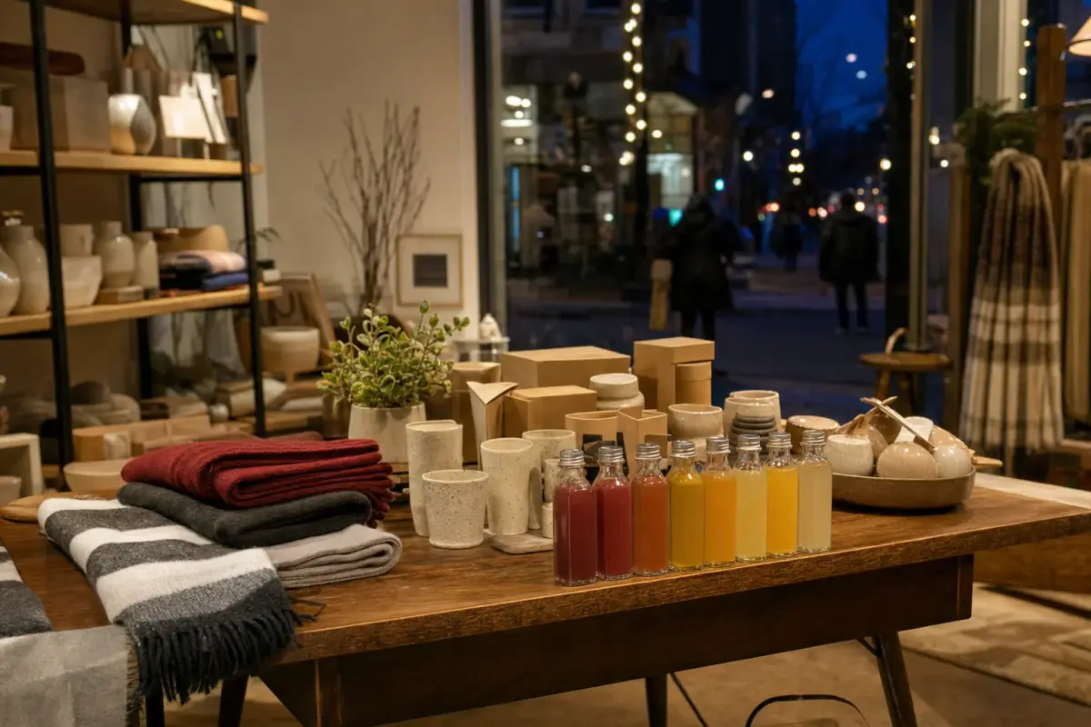 AI illustration: interior of a small downtown boutique after dark, with a wooden table of plain unbranded gift items, a few folded scarves and a row of small glass bottles with plain unlabelled mocktail mixers, and a softly blurred shop window with warm string lights and a deep blue evening street beyond