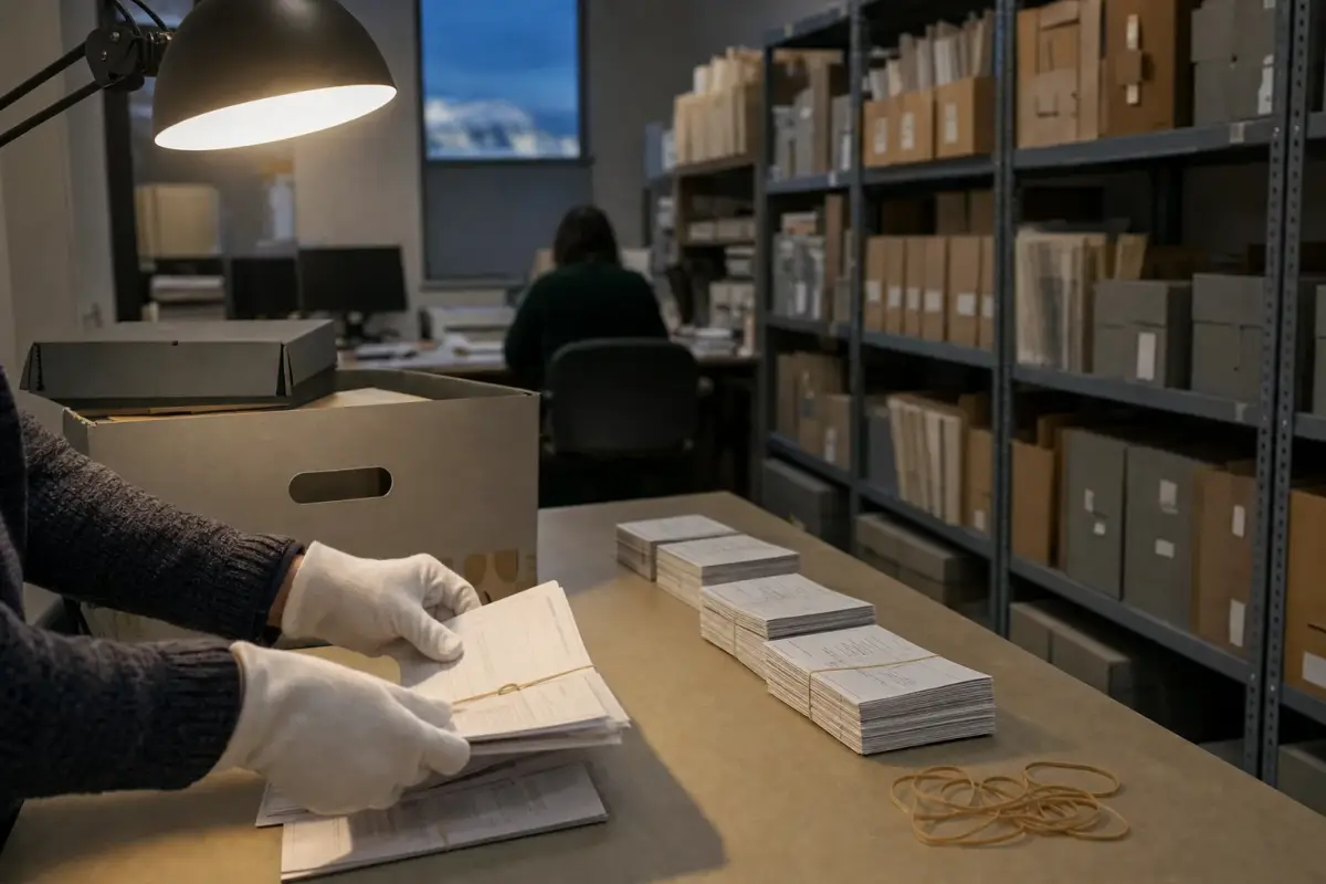 AI illustration: close-up of a pair of hands in plain white cotton gloves sorting a neat stack of paper ballots into bundles on a long table in a quiet municipal records room, with plain rubber bands and a grey archive box beside them, and rows of metal shelving blurred behind