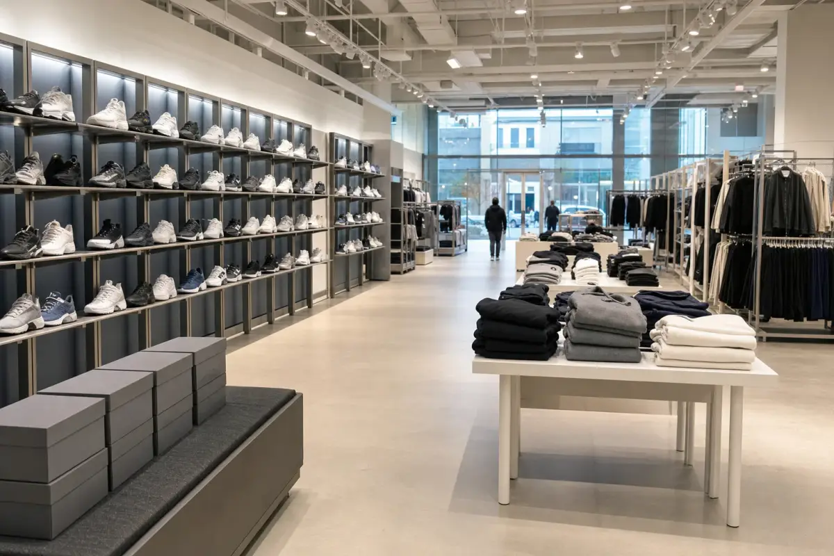 AI illustration: inside a bright, empty new athletic apparel store just before opening, with neat rows of unbranded sneakers on wall shelves, stacked plain shoeboxes on a low bench, and folded hoodies on a clean white display table
