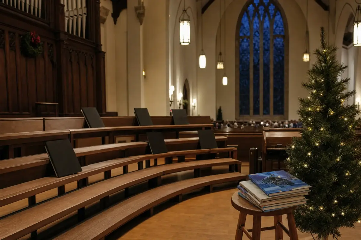 AI illustration: interior of a church sanctuary set up for a choir concert, with rows of empty wooden choir risers holding a few plain black folders of blank sheet music, a stack of children's picture books on a stool beside a small decorated evergreen, and softly blurred pews and a tall arched window behind