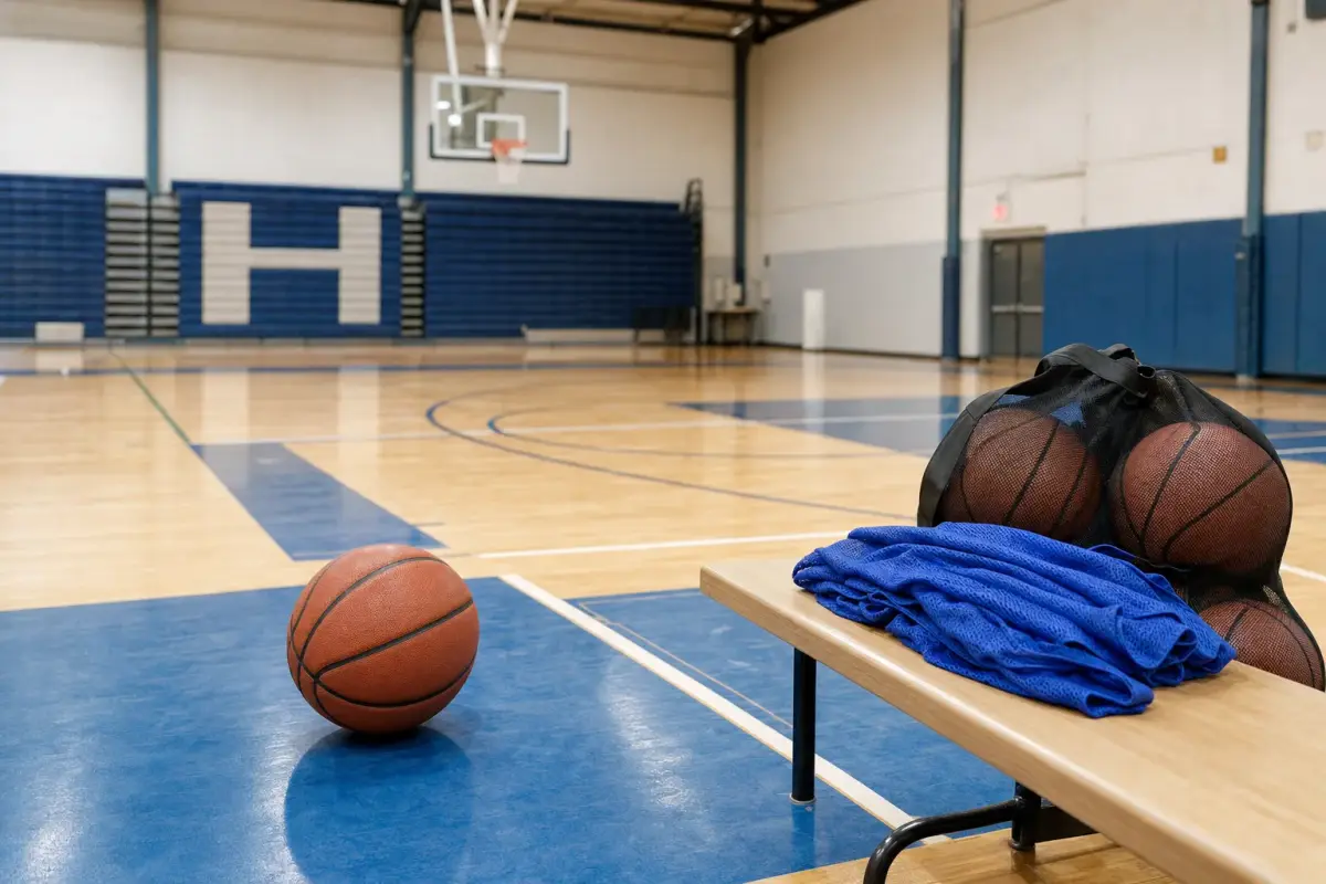AI illustration: close-up of a plain basketball resting on the painted key of an empty indoor school gymnasium court, with a mesh bag of spare balls and a folded stack of plain practice pinnies on a wooden bench beside it, and a basketball hoop and rolled-up bleachers blurred behind