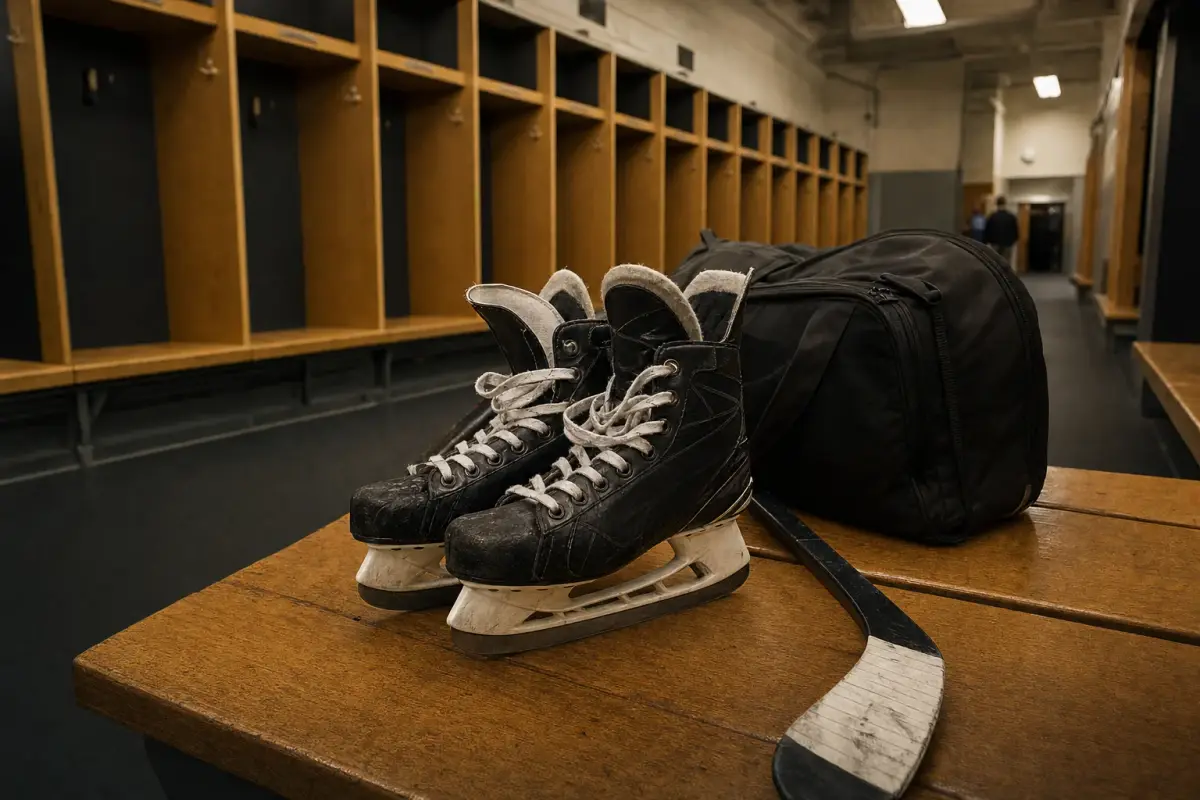 AI illustration: close-up of a pair of ice hockey skates with laced boots and a plain taped stick resting on a wooden bench in an arena dressing room, with a plain unmarked gear bag and a row of empty stalls blurred behind