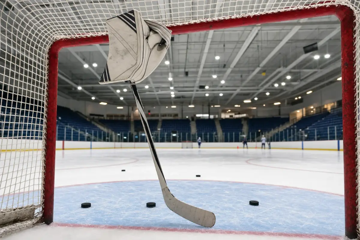AI illustration: close-up of a hockey goalie's blocker glove and stick resting against the crossbar inside an empty goal net on a rink, with a few pucks scattered on the ice crease
