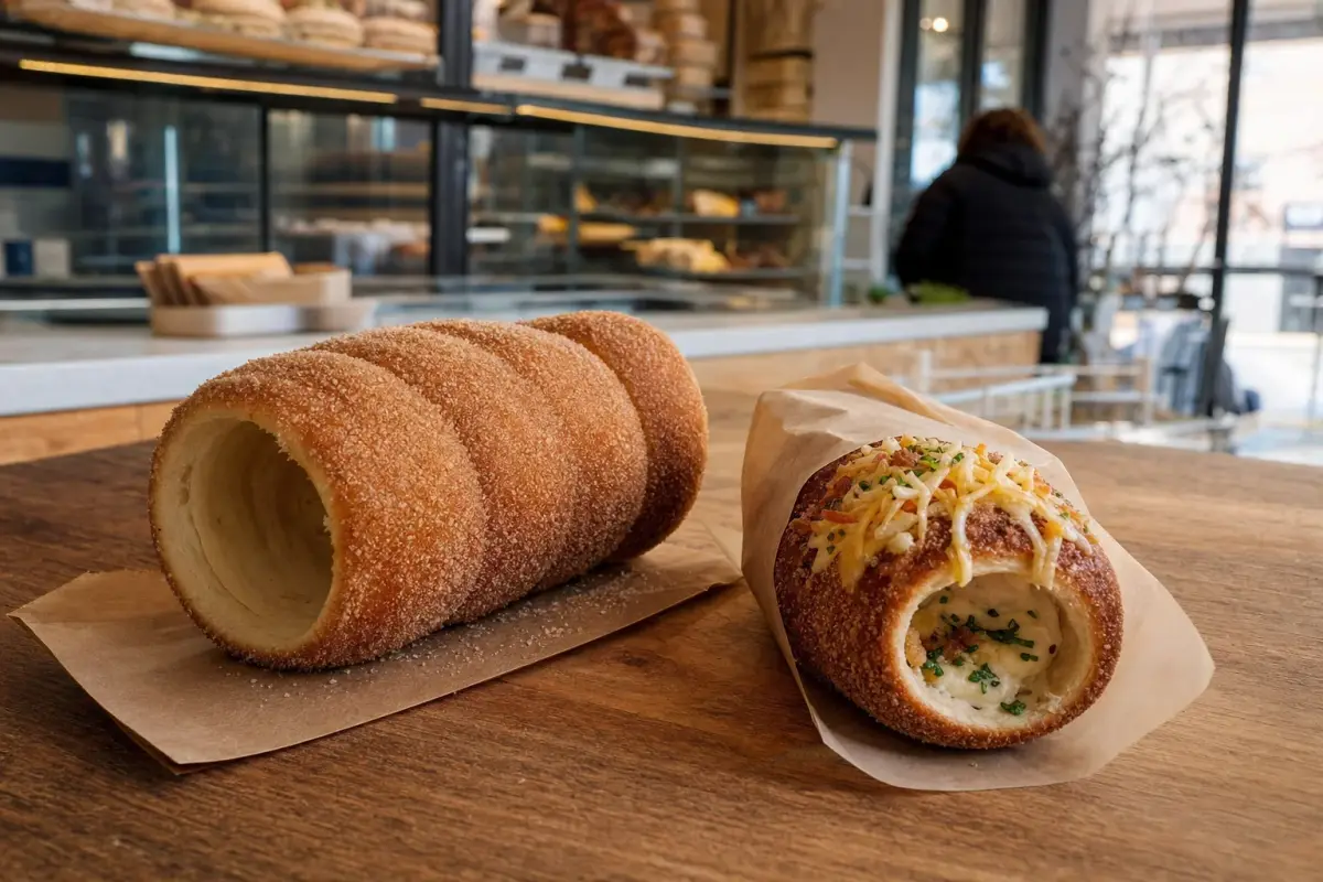 AI illustration: close-up of a freshly baked chimney cake (kurtoskalacs) rolled in cinnamon sugar on a wooden bakery counter, beside a second one filled with a savoury topping and a plain paper wrapper, with a glass pastry case and warm bakery shelves blurred behind