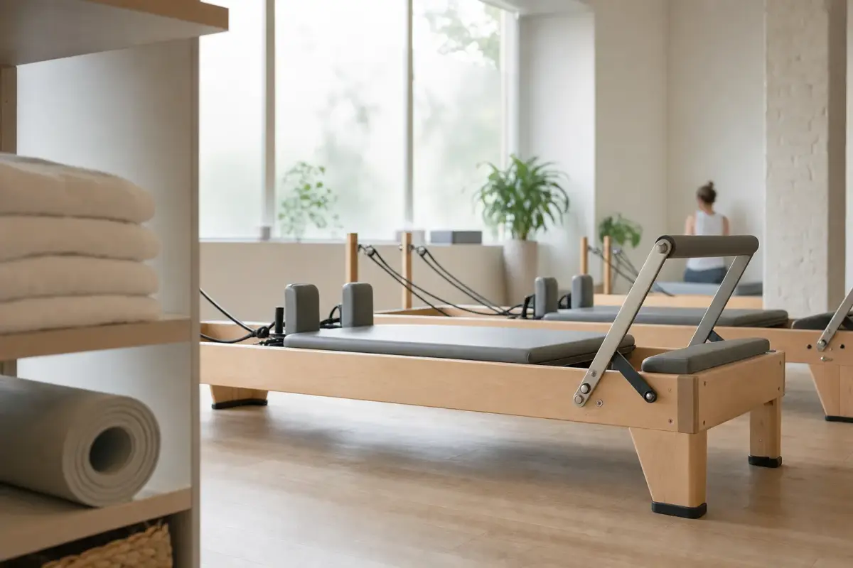 AI illustration: interior of a bright, airy Pilates studio with two wooden reformer machines with plain grey straps and footbars lined up on a pale hardwood floor, a stack of folded white towels and a rolled mat on a low shelf in the foreground, and a tall frosted window and a few small green plants blurred behind