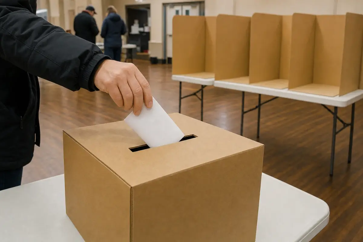 AI illustration: close-up of a hand dropping a plain, unmarked folded ballot into a simple cardboard ballot box on a folding table in a community hall, with a row of empty cardboard voting booths blurred behind