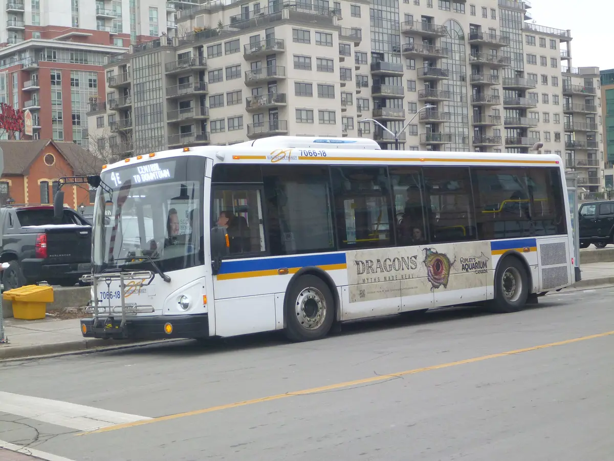 A white Burlington Transit bus on a downtown street