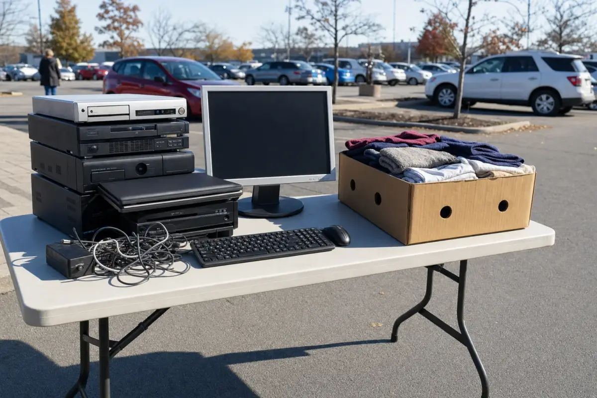AI illustration: a folding table in an open parking lot with a neat stack of old unbranded electronics, a plain desktop monitor, a tangle of cables and a keyboard, beside a cardboard crate of folded clothes, with parked cars and bare trees blurred behind