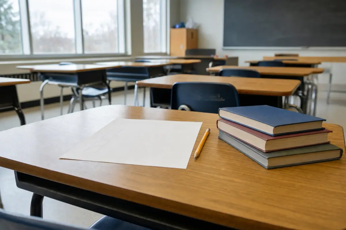 AI illustration: close-up of a empty wooden school classroom desk with a plain blank ballot-style paper, a pencil and a small stack of textbooks, shot at a slight high angle from about a metre away, with rows of identical desks and a chalkboard blurred behind