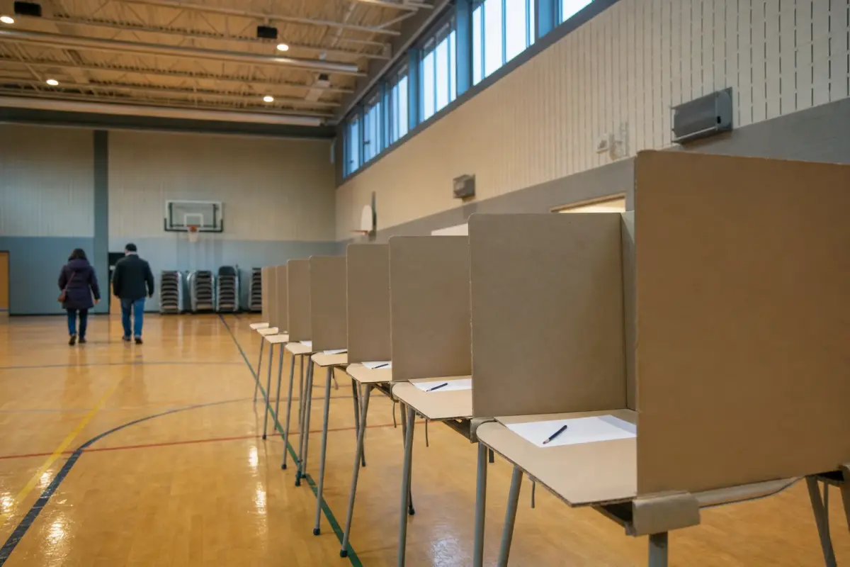 AI illustration: a row of empty cardboard voting booths with plain blank ballot sheets and pencils on little shelves, set up in a bright school gymnasium with a polished wooden floor and a folded stack of stacking chairs blurred at the far wall