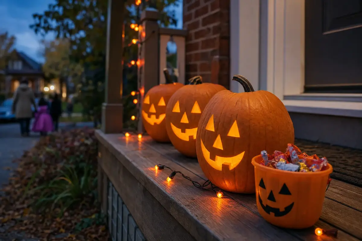 AI illustration: close-up of a row of carved pumpkins with plain triangular faces glowing softly on a wooden porch step, beside a small plastic treat bucket filled with wrapped candies and a string of orange lights