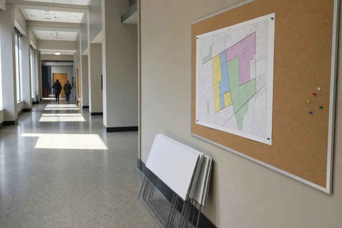 AI illustration: a ward map pinned flat on a plain cork board in a quiet municipal hallway, with a handful of blank colored push pins and a stack of plain campaign-style lawn sign frames leaning against the wall, no readable text