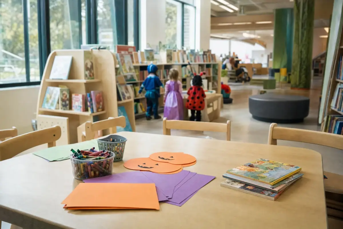 AI illustration: inside a bright public library children's area on a weekend morning, with a low table of plain construction paper, crayons and paper pumpkin cutouts, a small stack of picture books, and a few small costumed children blurred in the background beside low bookshelves