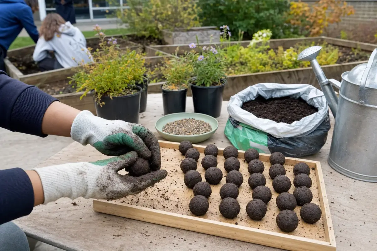 AI illustration: close-up of a pair of hands in gardening gloves rolling clay-and-soil seed balls and setting them in rows on a plain wooden tray, with a small bowl of mixed wildflower seeds, a bag of potting soil and a watering can on a classroom-style work table, and a school garden bed and a few blurred potted native plants behind