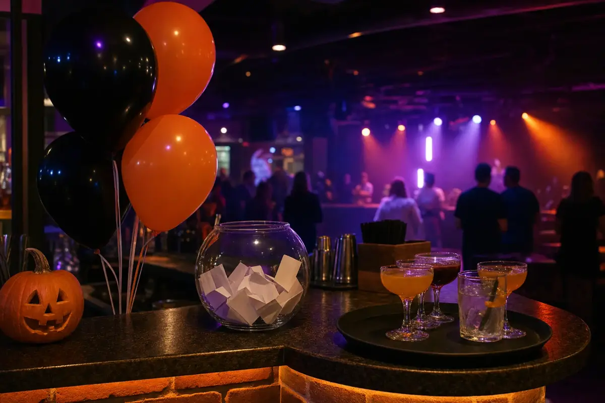 AI illustration: close-up of a restaurant bar counter set up for a Halloween party at night, with a few plain black and orange balloons, a small carved pumpkin, a tray of cocktail glasses and a plain glass fishbowl of folded raffle-free paper slips, with a softly blurred dance floor and a few colored stage lights behind