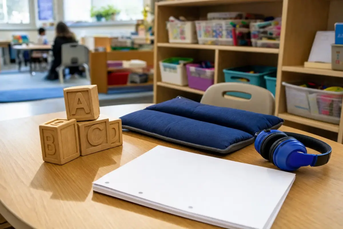 AI illustration: close-up of a small resource room table in an elementary school with a plain set of tactile learning aids: large wooden letter blocks, a weighted lap pad, noise-reducing headphones and a plain stack of blank worksheets, with a low shelf of bins and a child-sized chair softly blurred behind