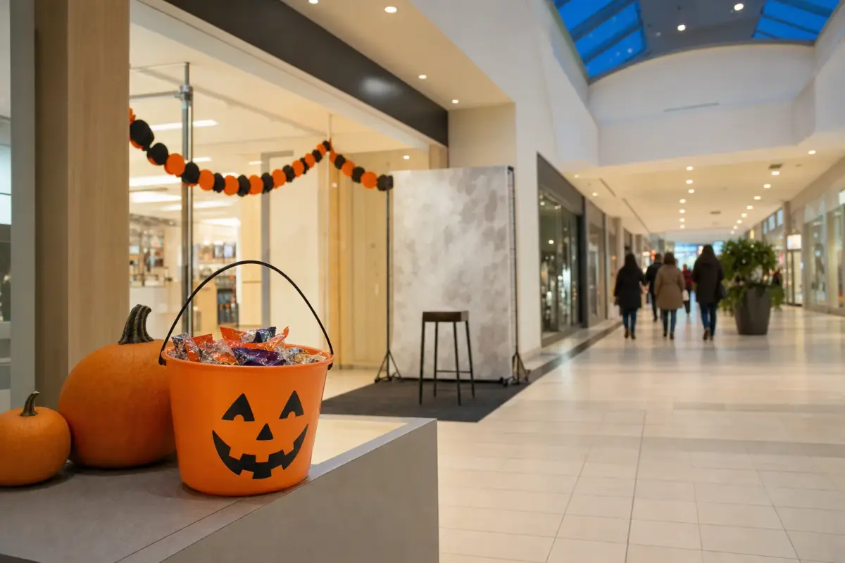 AI illustration: interior of a bright, clean shopping mall corridor in the early evening, with a few plain pumpkins and a small orange-and-black paper garland on a store entrance, and a child-sized plastic pumpkin bucket filled with wrapped candy on a low display table in the foreground, with a softly blurred row of storefronts and a plain photo backdrop with a stool behind