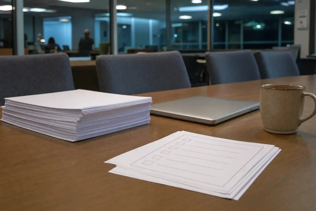 AI illustration: a school board office meeting-room table seen close-up from a slight high angle, with a neat stack of plain papers, a closed laptop and a ceramic coffee mug beside a small stack of blank ballot-style sheets, with rows of empty upholstered chairs blurred behind
