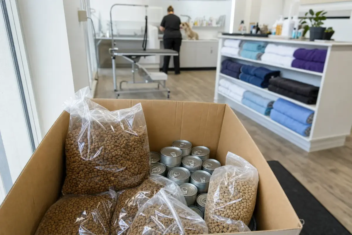 AI illustration: close-up of a large cardboard donation box at the entrance of a clean pet grooming salon, filled with plain unlabelled bags of dog and cat food and stacked cans of pet food, with a grooming table and a row of towels blurred behind