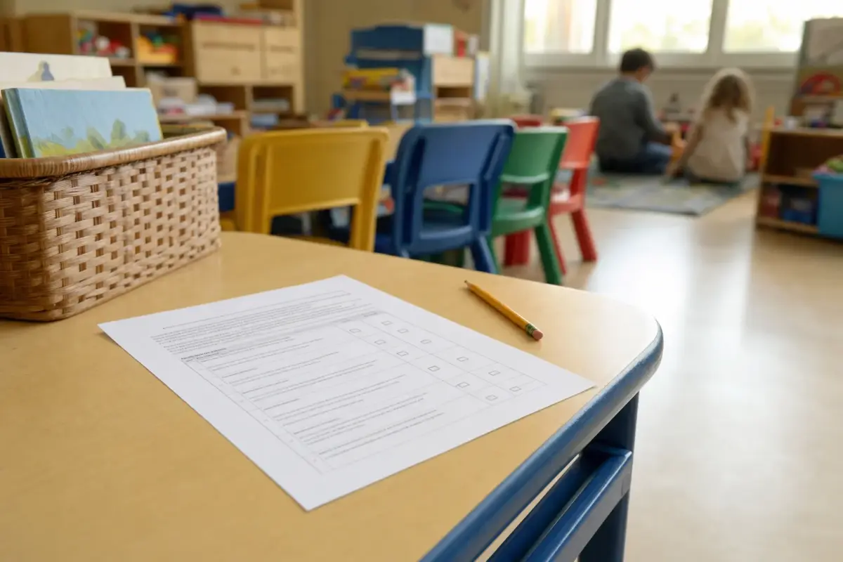 AI illustration: close-up of a plain printed paper questionnaire form with blank tick boxes and a pencil lying on a low child-sized table in a school before-and-after-care room, with a basket of picture books and a row of small colourful chairs softly blurred behind