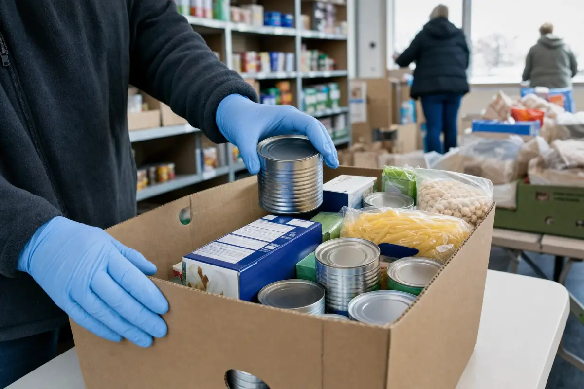 AI illustration: close-up, slightly high angle of a sturdy cardboard box on a folding table filled with canned vegetables, pasta boxes and cereal, a volunteer's gloved hands, no face visible, setting one more can in place