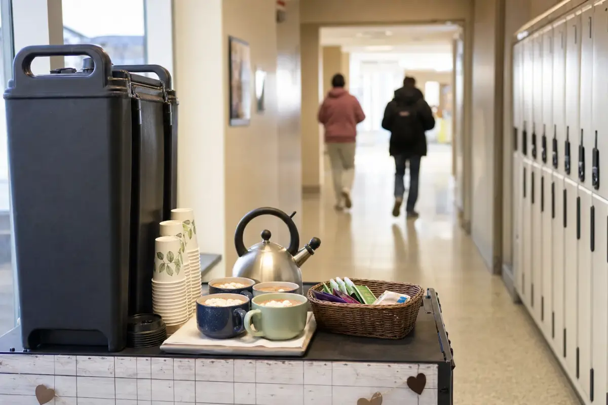 AI illustration: close-up of a small school coffee cart set up in a bright school hallway, with a plain insulated coffee dispenser, a stack of paper cups, a tray holding a few mugs of hot chocolate with a tea kettle and a basket of tea bags, and a softly blurred row of lockers behind