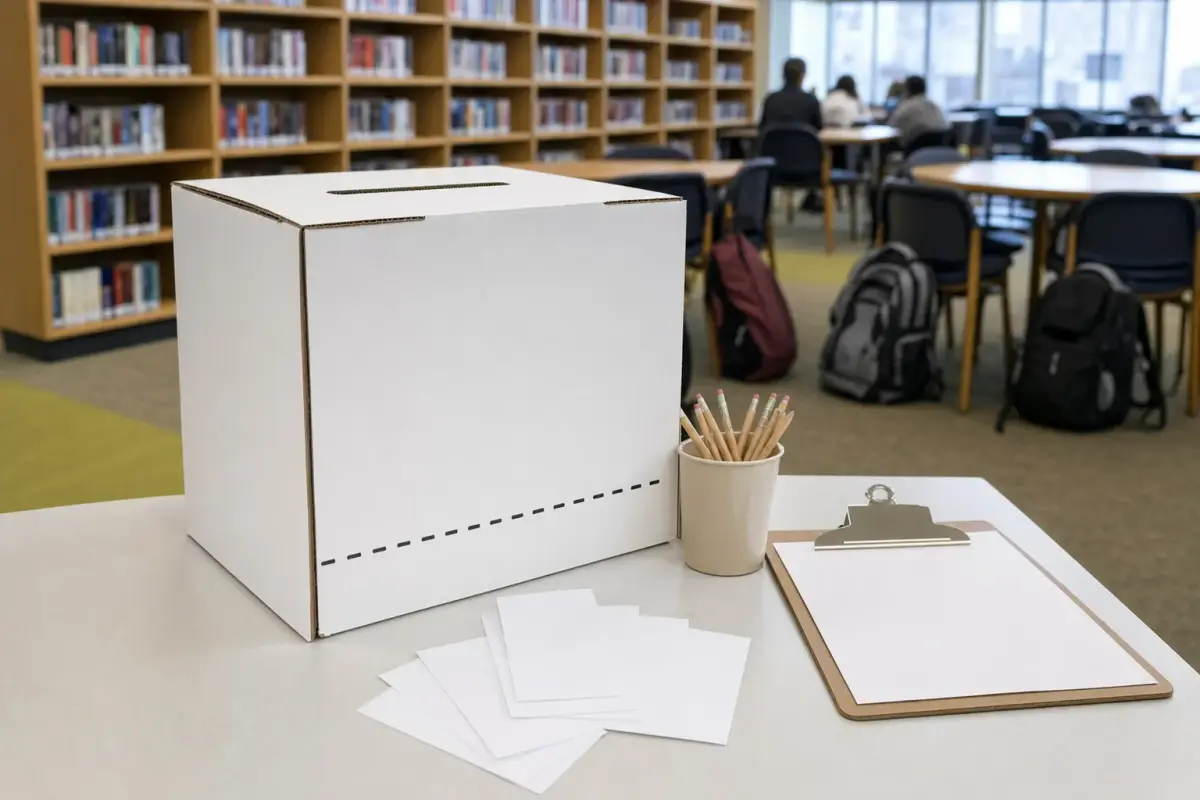 AI illustration: close-up of a cardboard Student Vote-style ballot box on a low table in a school library, with a handful of blank paper slips, a cup of pencils and a plain clipboard beside it, and rows of bookshelves and a few teenagers' backpacks blurred behind, no faces