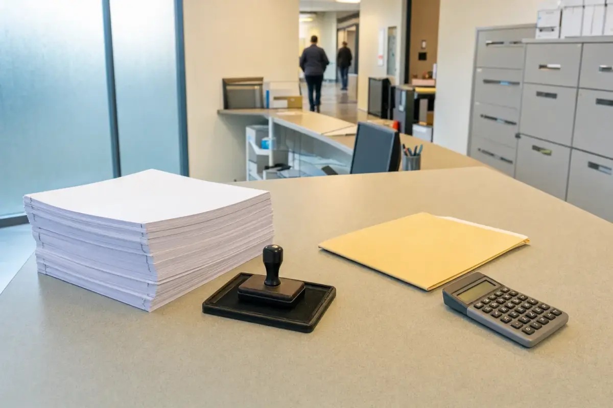AI illustration: a municipal office counter at a city clerk's records desk, with a neat stack of plain bound papers, a rubber stamp with no readable text resting on an ink pad, and a closed manila folder beside a desktop calculator