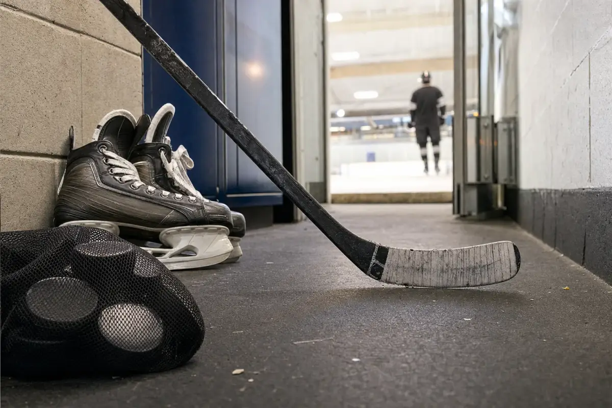 AI illustration: close-up of a pair of ice hockey skates with laced boots and a taped stick blade resting on a worn rubber floor beside a mesh bag of pucks at the edge of an arena tunnel, with a bright rink entrance blurred beyond