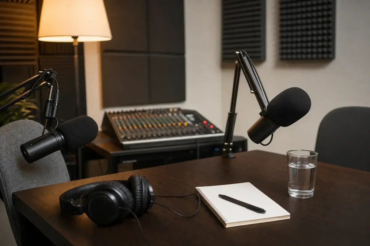 AI illustration: close-up of a small podcast recording desk in a compact studio room, with two plain microphones on boom arms, over-ear headphones resting on a table, and a blank notepad beside a glass of water, with grey acoustic foam panels and a soft-focus mixing board blurred behind