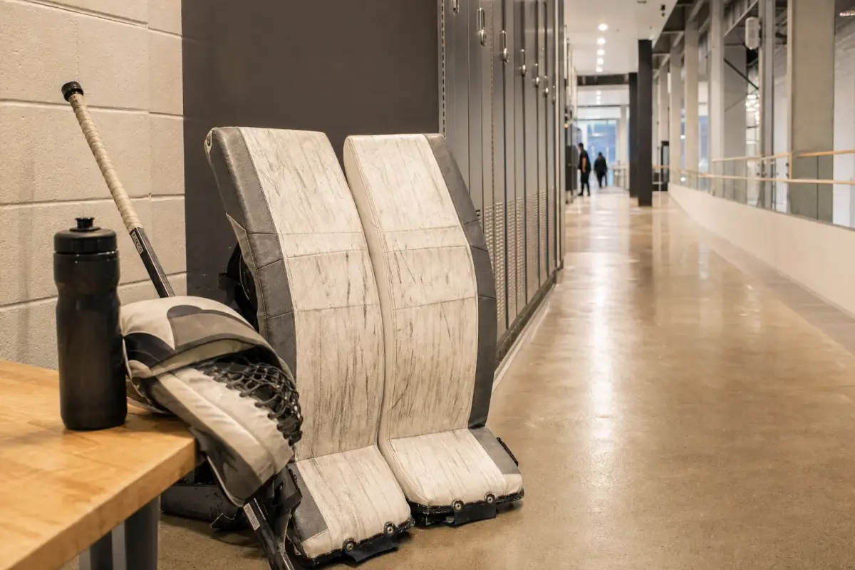 AI illustration: interior of a clean, empty indoor sports facility goalkeeper's equipment corner: a pair of padded goalkeeper leg guards and a blocker glove leaning against a wall locker beside a taped stick and a water bottle on a bench, with a bright hallway blurred behind