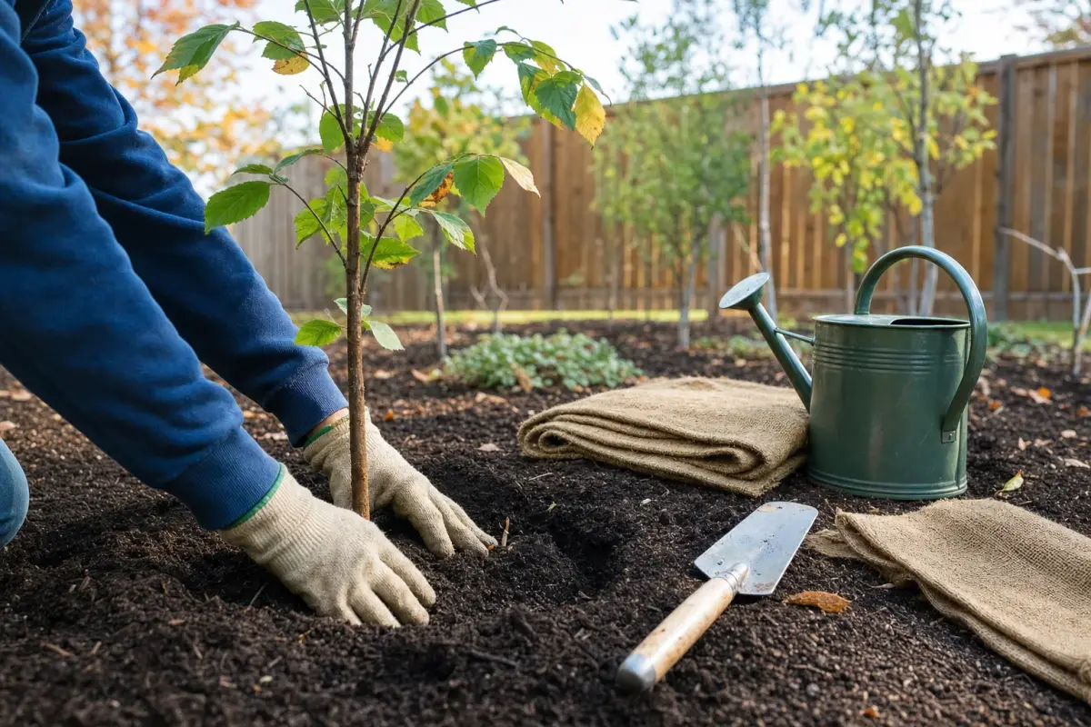 AI illustration: close-up of a pair of gloved hands pressing soil around a small young sapling in a freshly dug hole in a backyard garden bed, with a plain trowel, a folded burlap sack and a small watering can beside it, and a fence and a few other young trees blurred behind