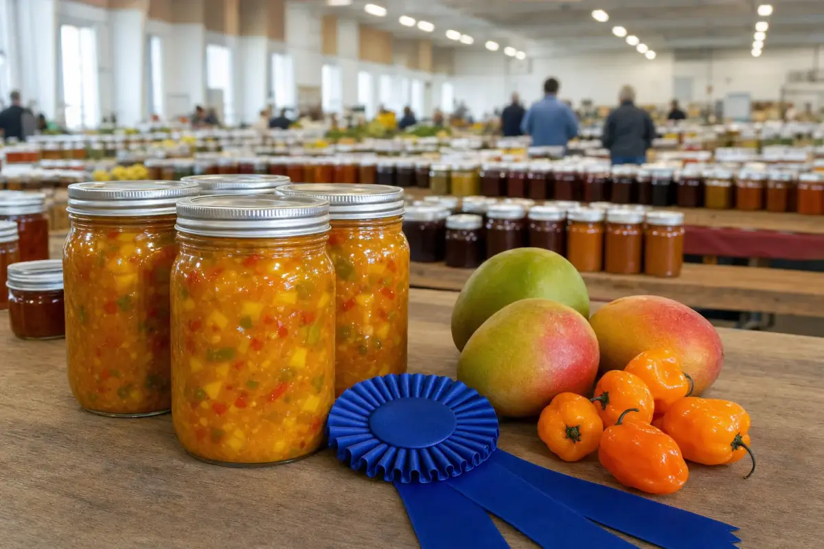 AI illustration: close-up of several plain glass preserving jars filled with chunky orange-yellow mango habanero salsa on a wooden fair exhibit table, beside a plain blue ribbon rosette, a few fresh mangoes and orange habanero peppers, with a softly blurred row of other jars and a bright indoor exhibition hall behind