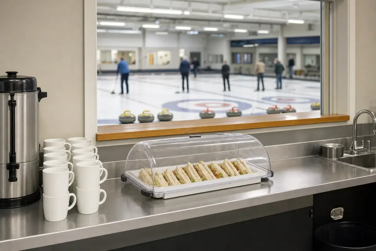 AI illustration: interior of a clean, tidy community curling club canteen kitchen with a stainless steel counter, a plain tray of sandwiches under a clear cover, a stack of empty white mugs and a coffee urn, with a pass-through window looking onto a blurred sheet of curling ice and rows of plain granite stones beyond