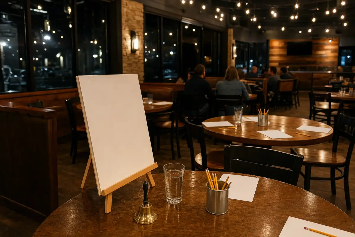AI illustration: interior of a casual pub-style restaurant function room in the evening, with a few round wooden tables set with blank paper answer sheets, pencils in small cups and pints of water, and a plain blank easel and handheld bell on a front table, with warm string lights and booths blurred behind