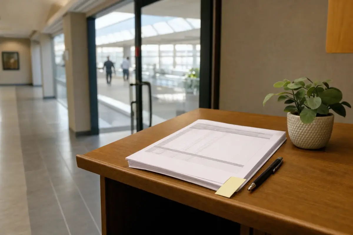 AI illustration: close-up of a hand-held stack of plain paper ward results sheets with a blank sticky tab and a pen resting on a wooden lectern shelf beside a small potted plant, in a quiet hallway of a municipal building, with a glass door and soft blur of an atrium beyond