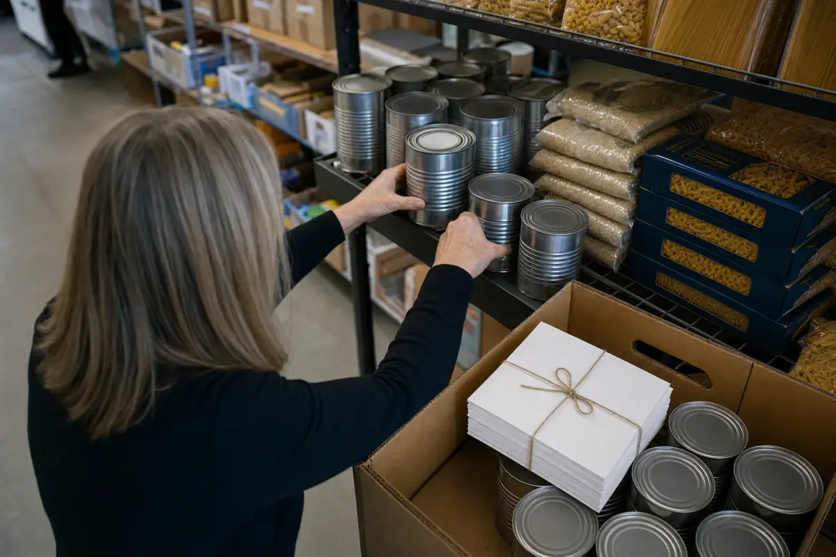 AI illustration: close-up of a food bank volunteer sorting shelf-stable groceries, with plain unlabelled cans, boxes of pasta and bags of rice on a metal warehouse shelf beside a stack of blank postcards tied with string and a cardboard donation crate, with more shelving blurred behind