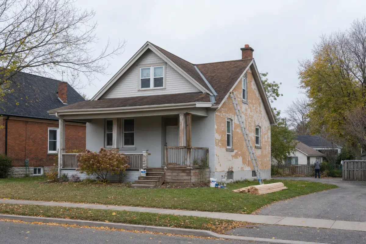 AI illustration: exterior of a modest, tidy older detached house with a weathered wooden porch, a fresh coat of paint half-finished on one side, and a ladder and a stack of new lumber and paint cans resting on the front lawn, on a quiet suburban street