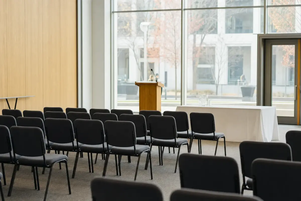 AI illustration: interior of a bright, modern arts centre hall set up for a ceremony, with rows of empty upholstered chairs facing a small plain wooden podium and a table with a blank folded cloth and a plain glass water pitcher, and a softly blurred tall lobby window behind