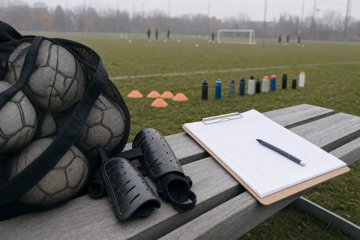 AI illustration: close-up of a mesh bag of plain soccer balls and a pair of shin guards resting on a bench beside a clipboard of blank sign-in sheets at the edge of an outdoor grass pitch, with a few orange cones and a line of empty players' water bottles blurred behind