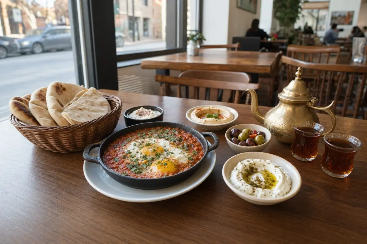 AI illustration: close-up of a weekend brunch spread on a wooden restaurant table, with a plain round platter of shakshuka in a small skillet, flatbreads in a basket, small bowls of hummus, olives and labneh, and a brass pot of tea with two small glasses, with a bright dining room with big front windows blurred behind